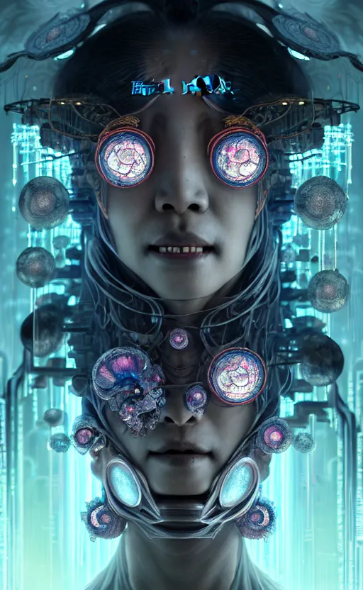 Image similar to asura from chinese myth, ghost, gorgeous and huge head ornaments, dystopian, cyberpunk, organic fractal mycelum and fungi, mecha, halfturn portrait of a big crystal face made of crystals half - turn, ominous, intricate, studio, art by anthony macbain + greg rutkowski + alphonse mucha, concept art, 4 k, sharp focus