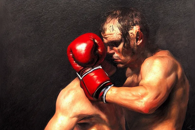 Prompt: portrait, realistic painting image about a boxer has a electric boxing gloves, versus a ghoul. dramatic scene, horror, dramatic lighting realism, created by gustave courbet and michaelangelo, trending in artstation, fine art, smooth draw with oil painting.