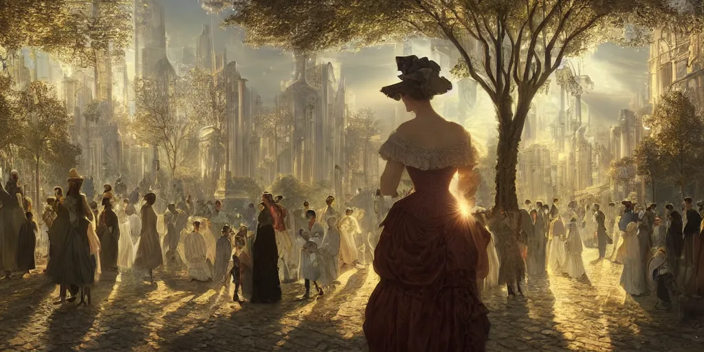 Prompt: portrait of a victorian lady within a crowd of people in a futuristic city, from behind, streets, angels in the sky, sunlight and rays of light shining through trees, tall buildings on the sides, beautiful, solarpunk!!!, highly detailed, digital painting