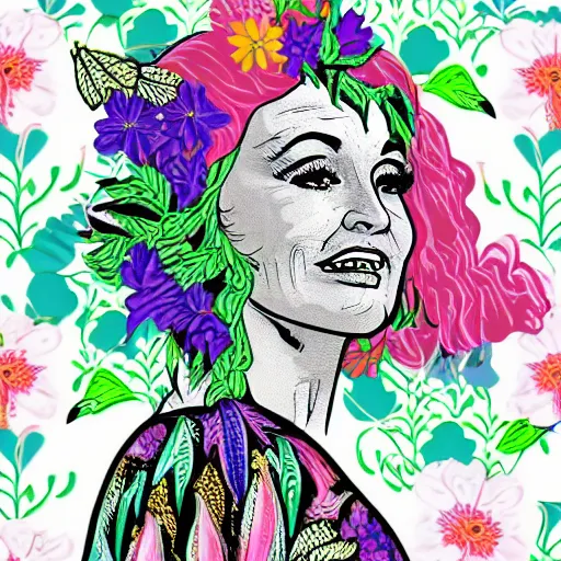 Prompt: flower child, Dolly Parton, graphic design