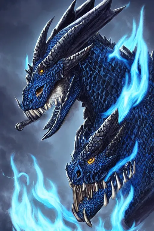 Prompt: a dark blue dragonborn with large tusks, half of his face flaming with blue flame, he wears a black dragon scales armor, D&D art