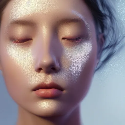 Image similar to asian - european woman face portrait, face covered with chrome lines, ethereal, highly detailed, by andrew chiampo, beeple, artstation, and frederik heyman, extremely detailed woman, stunning volumetric lighting, hyper realism, fantasy, intricate detail,