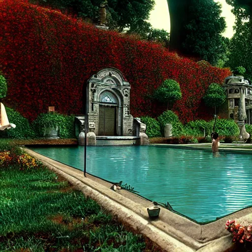 Image similar to hyperrealism photography computer simulation visualisation of detailed old bath in the detailed ukrainian village garden in dramatic scene from movie the big lebowski ( 1 9 9 8 )