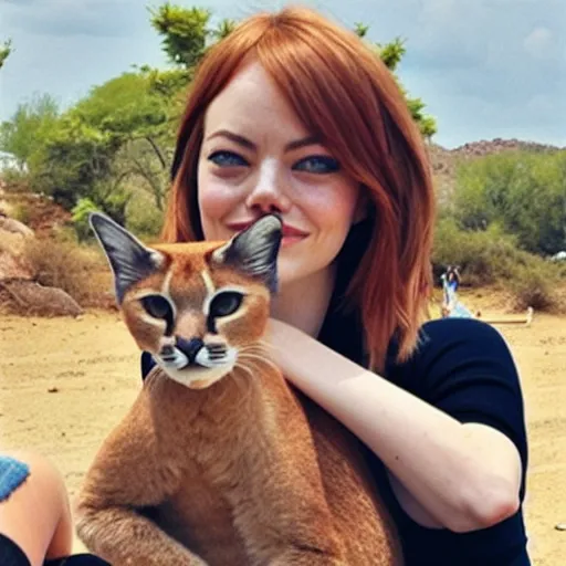 Image similar to Emma Stone holding a cute caracal