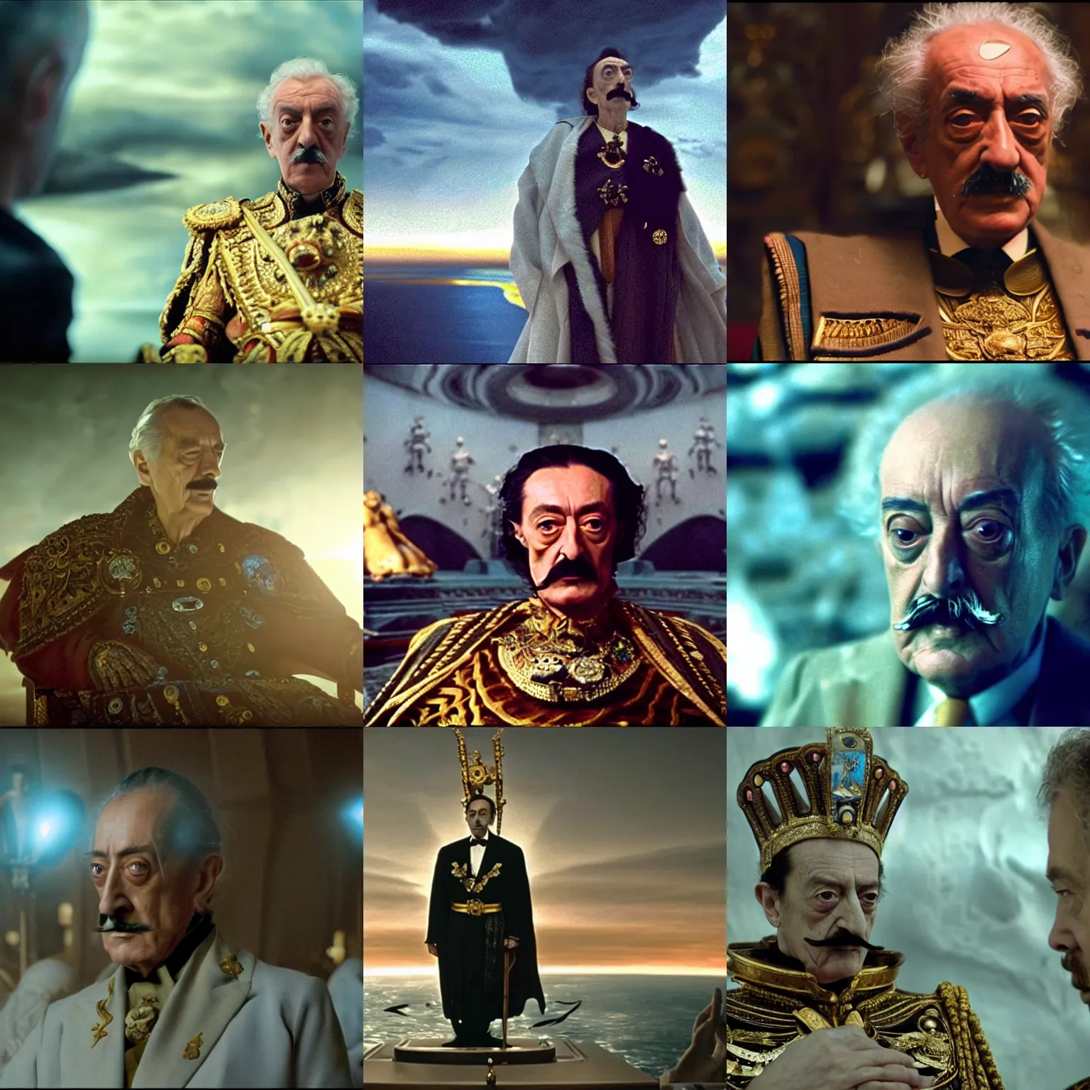 Prompt: salvador dali in the role of emperor | still frame from the prometheus movie by ridley scott and alejandro jodorowsky with cinematogrophy of christopher doyle, anamorphic bokeh and lens flares, 8 k, higly detailed masterpiece