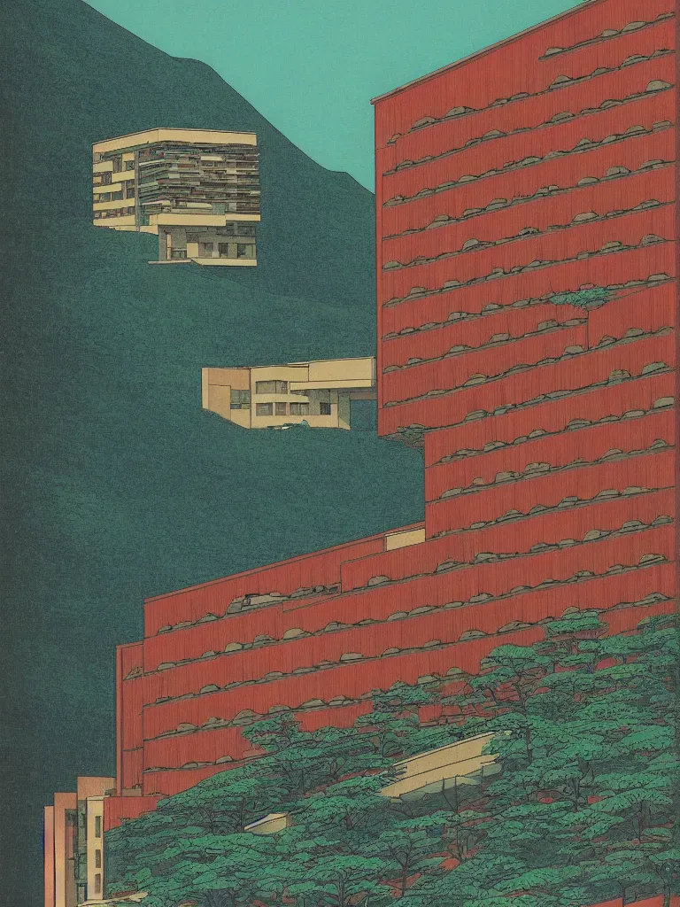 Image similar to a psychedelic hallucination of a brutalist hotel in the mountains, by kawase hasui, moebius, edward hopper, colorful flat surreal design, dramatic lighting, hd, 8 k, artstation