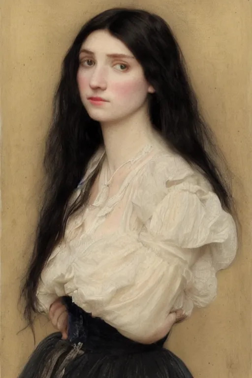 Prompt: picture portrait,(((((((((((((young woman's face))))))))))))), long black hair, pale skin, digital render, super-detailed , by Millais