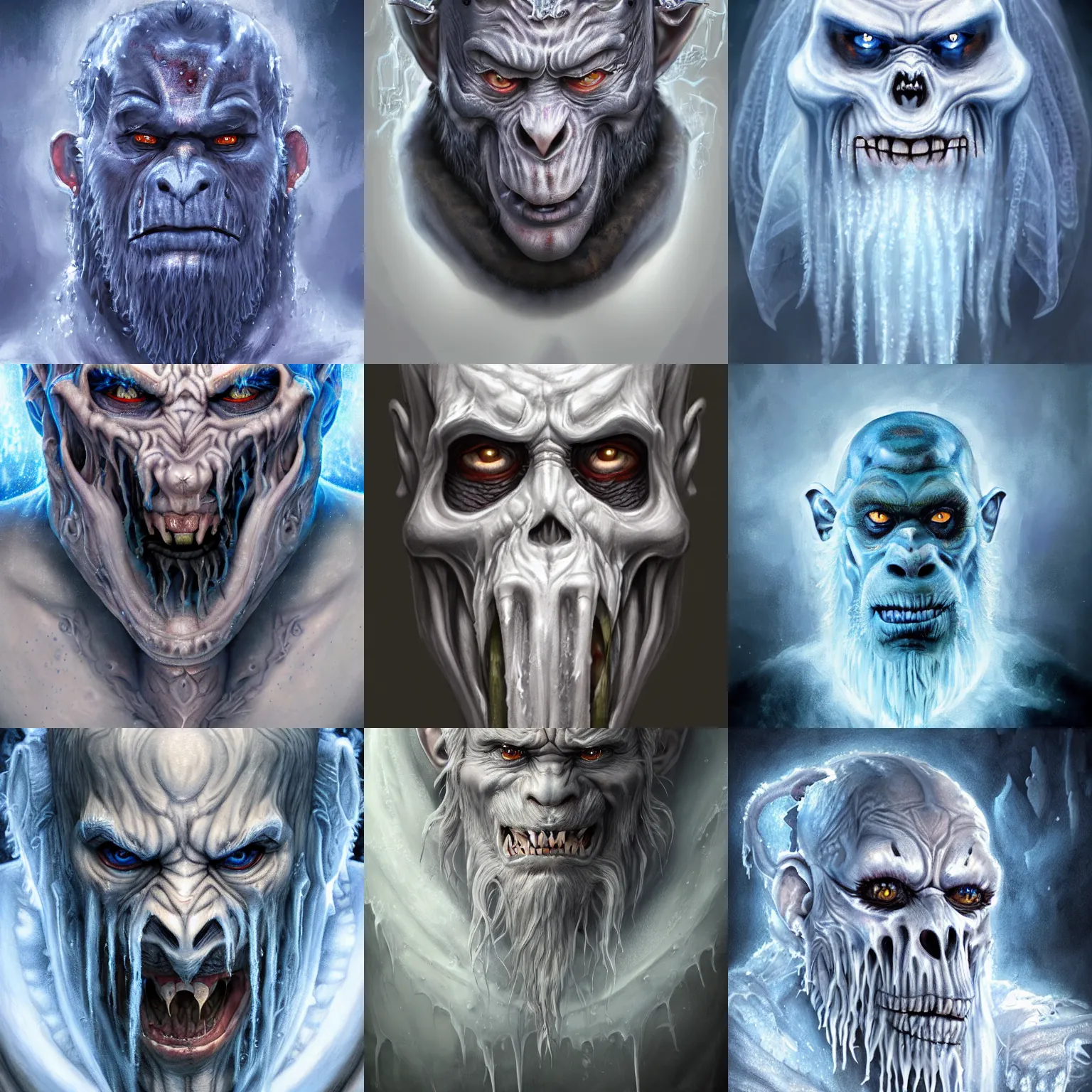 Image similar to a wlop 3 d render of very very very very highly detailed beautiful mystic portrait of a horror ice phantom ape demon with tattoos and frosty background by anton pieck, intricate, extremely detailed, digital painting, artstation, concept art, smooth, sharp focus, illustration, intimidating lighting, incredible art,