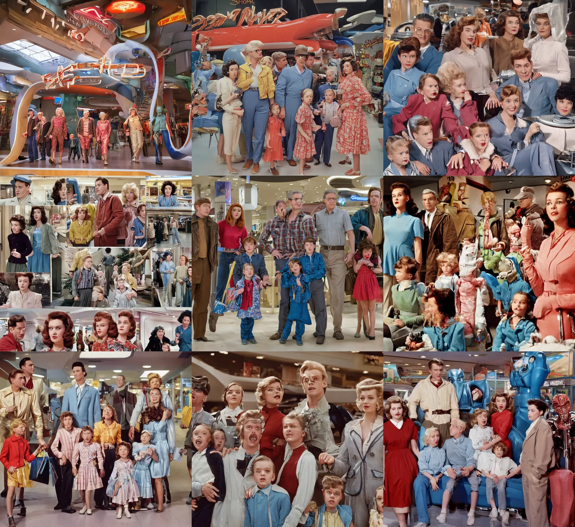 Prompt: sharp, highly detailed, high quality frame scan from a sci fi blockbuster color movie made in 2019, a family of four time travelers from 1950 travel in time to 2019, appearing in a shopping mall, looking surprised, the family are all wearing 1950s era clothes, good lighting, in focus, cinematic still, high quality scan, in focus, 35mm macro lens, detailed eyes, realistic faces and details, oscar winner, award winning lighting, award winning photography, ultra high definition