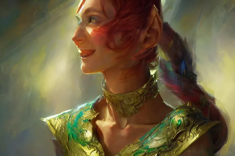 Image similar to A bright, happy painting of an elven queen by Craig Mullins, beautiful, hyperrealistic, professional, dramatic lighting, extremely high detail, trending on artstation