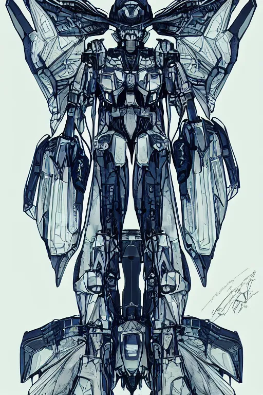 Image similar to very symmetrical!! full body illustrations of mecha, pen and ink, moderately detailed, concept art, wings spread, cyborg wing, artstation, deviantart, pinterest