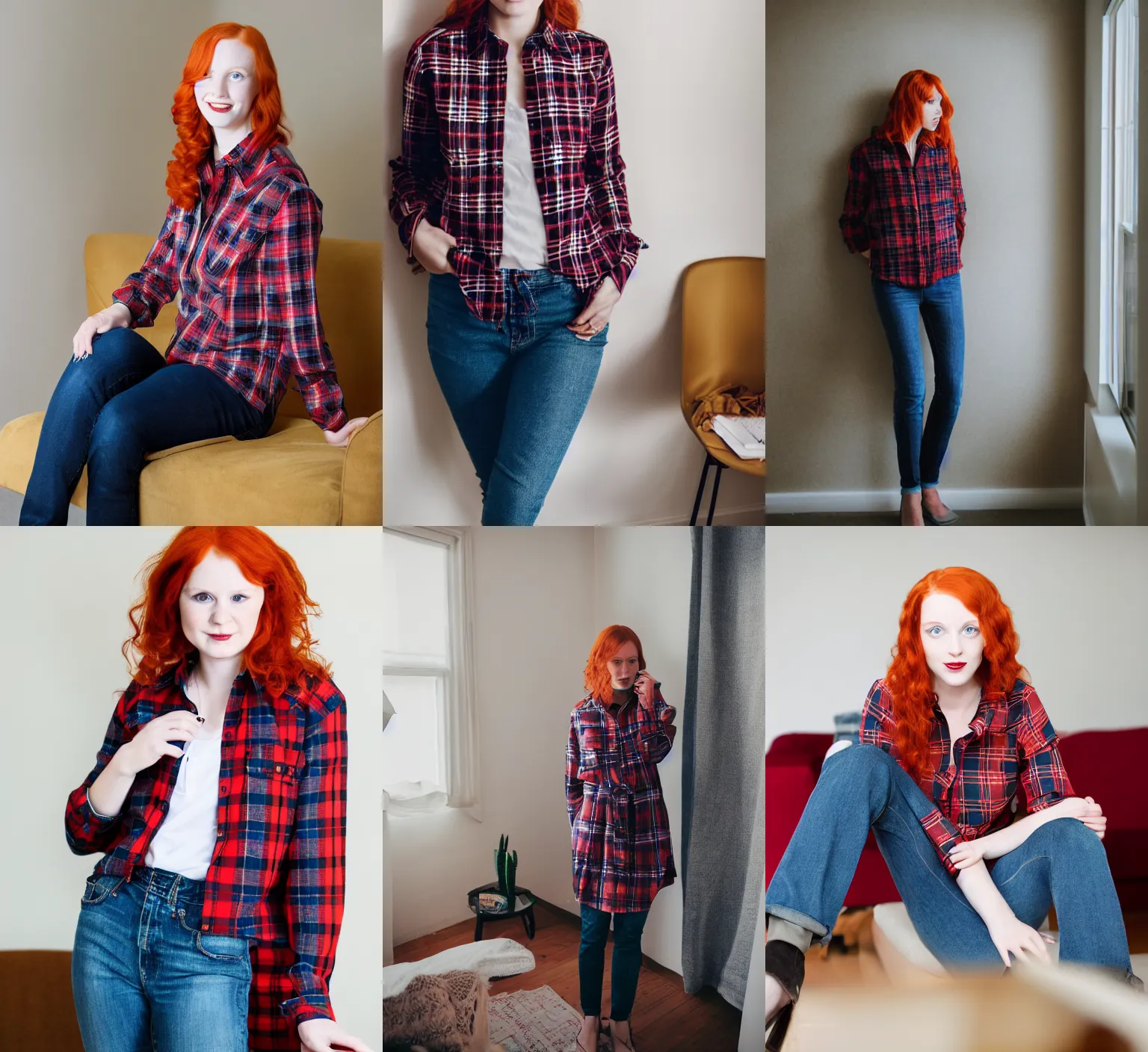 Prompt: Professional photography of a young redhead woman, tartan shirt, jeans, in a modern room