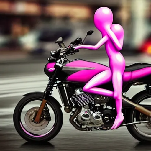 Image similar to hyper realistic, photo, humanoid pink female Squid creatures riding a motorcycle fast in the rainy city traffic