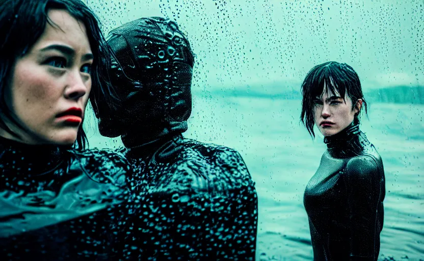 Image similar to cinestill 5 0 d candid action photographic portrait by quentin tarantino of two loving female androids wearing rugged black mesh techwear in treacherous waters, extreme closeup, modern cyberpunk retrofuturism moody emotional cinematic, pouring iridescent rain, 8 k, hd, high resolution, 3 5 mm, f / 3 2, motion blur, ultra realistic faces, ex machina