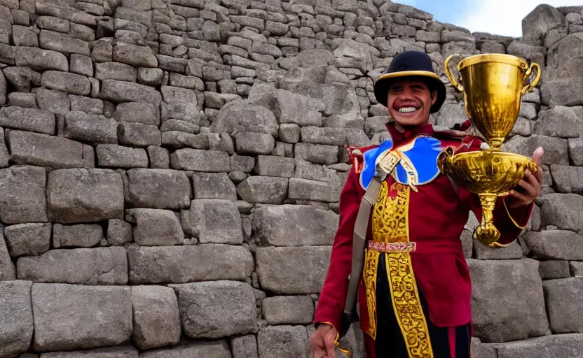 Image similar to smiling spanish conquer soldier holding golden cup on a inca temple