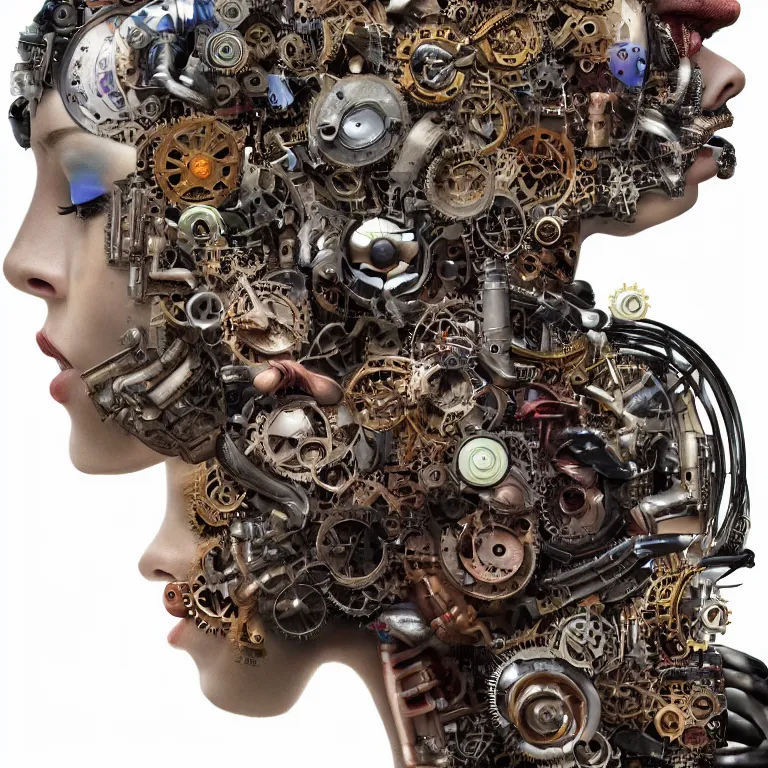 Image similar to profile portrait of a woman, computer parts, mechanical parts, by giuseppe arcimboldo, steampunk, cyberpunk, futuristic, psychedelic, surreal, sci - fi, vaporwave, alien, dreamlike.