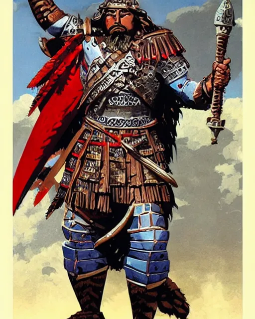 Prompt: aztec warrior, hirsute epic level dnd human fighter, wielding the godshammer, a magical war hammer, wearing magical armor. thick quads. full character concept art, realistic, high detail digital gouache painting by angus mcbride and michael whelan.