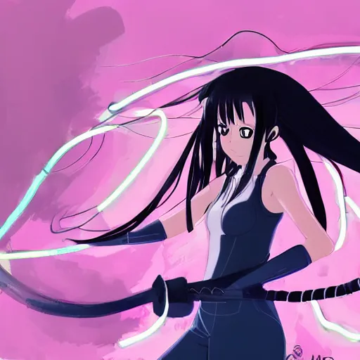 Image similar to upper body portrait of a beautiful girl with long Neon hair, wearing black riot gear, holding a whip, drawn by Makoto Shinkai, in the style of Studio Ghibli , attractive character, colored sketch anime manga panel, trending on Pixiv