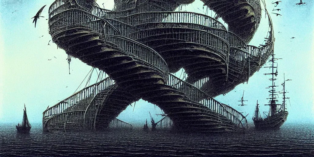 Image similar to big spiral stairways on old ship, inhabited on many levels, flying birds, by beksinski, shining light, strong perspective, clear geometry, architecture, Award winning. Masterpiece, detailed illustration