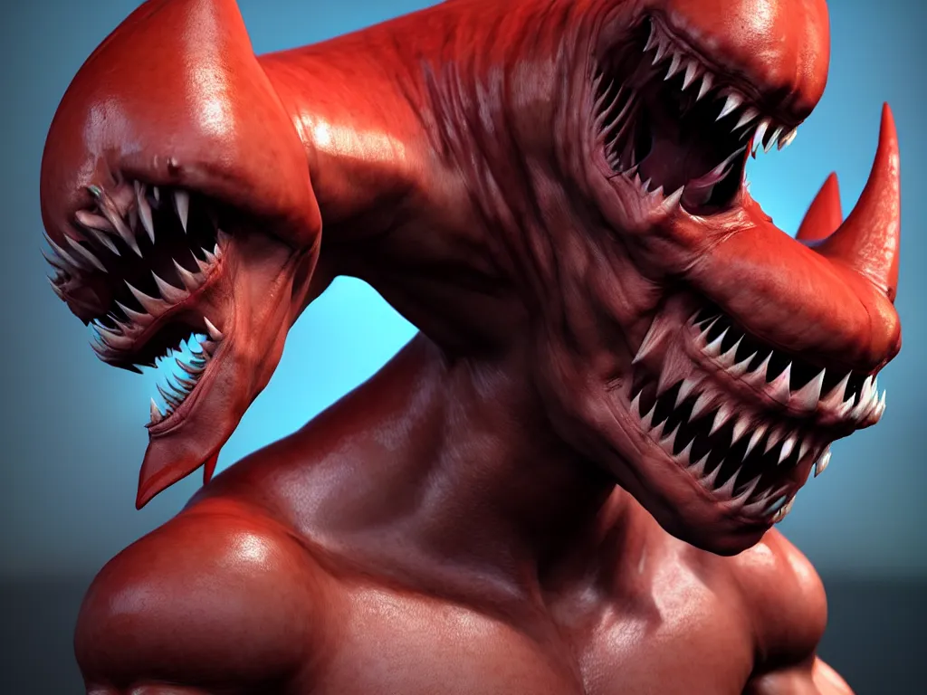 Image similar to game concept art, muscular, shrimp head, chiroptera ears, shark teeth, hyperrealism, artstation, cgsociety, zbrush, no background