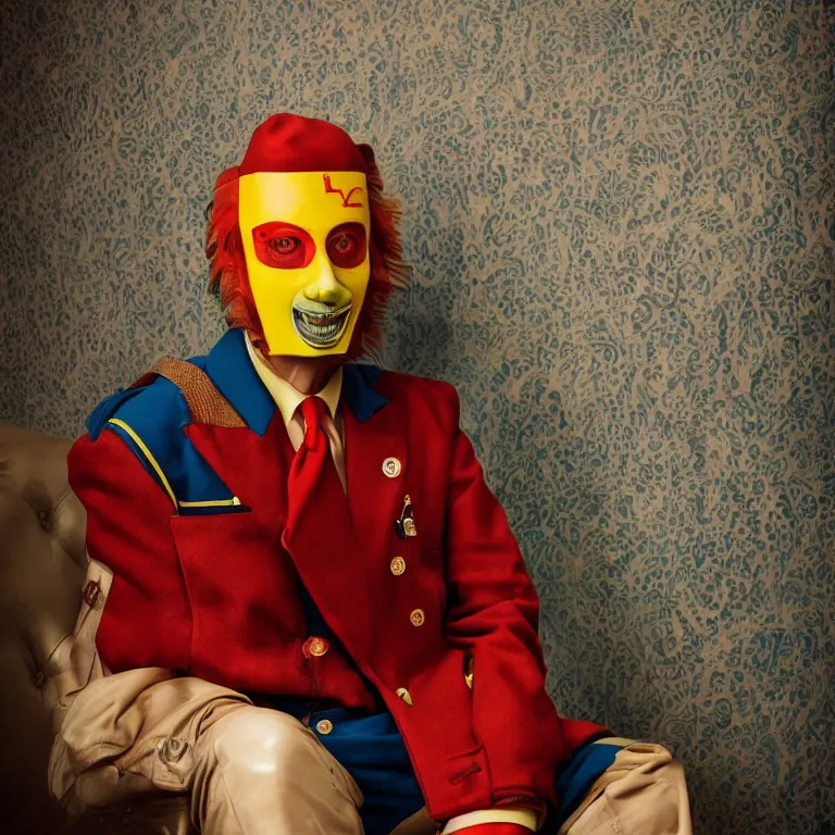 Prompt: vogue photoshoot octane render portrait by wayne barlow and carlo crivelli and glenn fabry, subject is a single eccentric man in a bright colorful vintage wes anderson uniform and a latex mask inside a high - end exotic vintage boutique hotel lounge, very short depth of field, bokeh