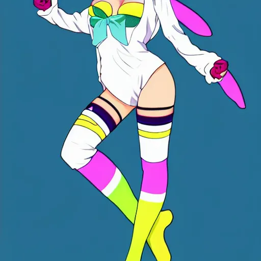 Prompt: an anime playboy bunny, bunny and she is wearing a tight white t-shirt and rainbow thigh high socks. she is giving the peace sign and smiling.