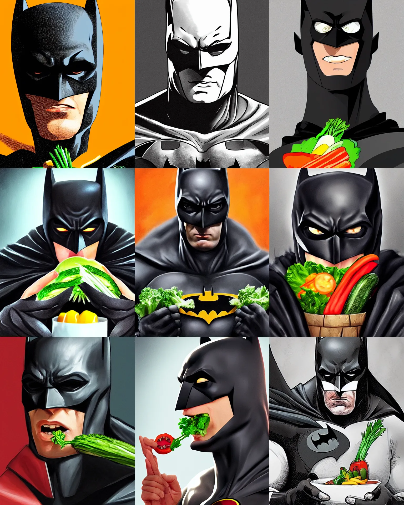 Prompt: A stunning portrait of Batman eating vegetable, Trending on Artstation, 8K