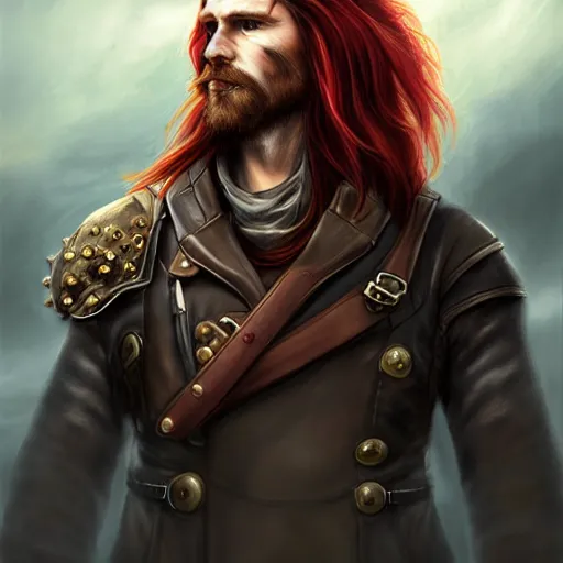 Prompt: portrait of a rugged!!!! male captain with long red hair!!!!!!, upper body, flowing hair, ethereal, handsome, leather coat, Steampunk airship!!!!!!!, D&D, fantasy, simple clothing!!!!, elegant, highly detailed, digital painting, deviantart, artstation, concept art, sharp focus, illustration, art by Artgerm and Greg Rutkowski and Alphonse Mucha