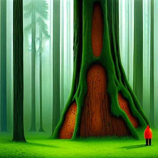 Image similar to treehut, redwood, moss, big forrest, by alex andreev, landscape, high contrast, digital