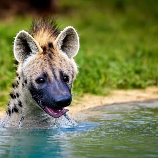 Image similar to close up portrait of a hyena drinking from the pool of water, licking