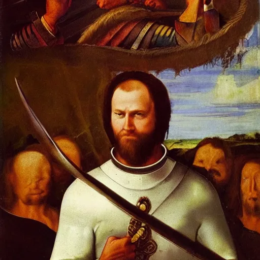 Image similar to donald trump wearing medieval armor holding a sword, renaissance painting