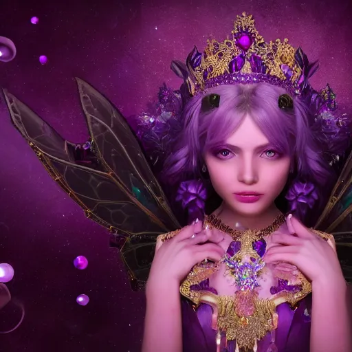 Image similar to portrait princess of amethyst, glowing, ornate and intricate purple jewelry, jaw dropping beauty, glowing background lighting, purple accent lighting, hyper detailed, fairy tale, 4 k octane render