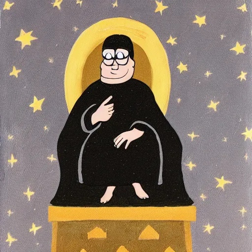 Image similar to Peter Griffin wearing a black robe and sitting on a golden throne on the moon, oil on canvas,