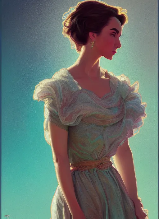 Image similar to elizabeth taylor detailed clothing, half body shot, arms down, path traced, highly detailed, high quality, digital painting, alena aenami, lilia alvarado, shinji aramaki, karol bak, alphonse mucha, tom bagshaw