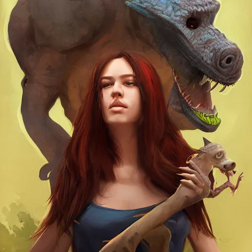 Image similar to portrait of a woman and her giant monster pet, artstation