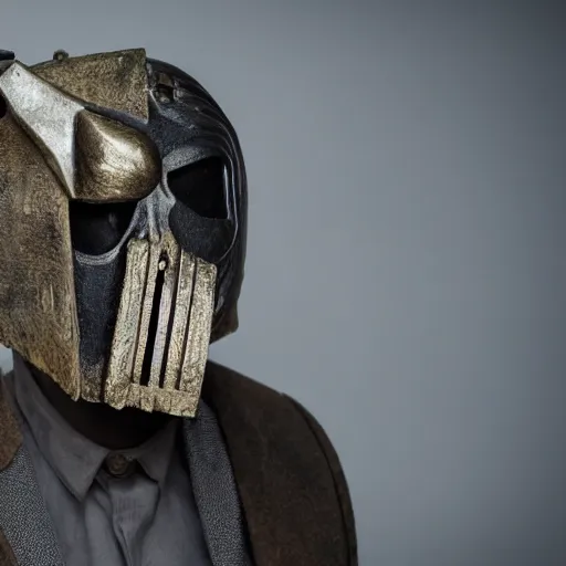 Prompt: MF DOOM standing in a graveyard with a dug up coffin, highly detailed mask, portrait photography, 8k