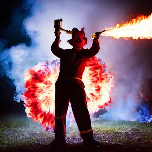 Image similar to photo of a clown using a flamethrower projecting a long flame. Cinematic, epic