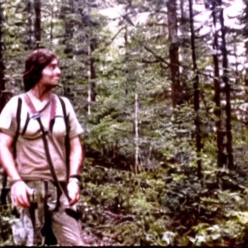 Prompt: Screen recording of found footage of a lost from a missing hiker in 1986