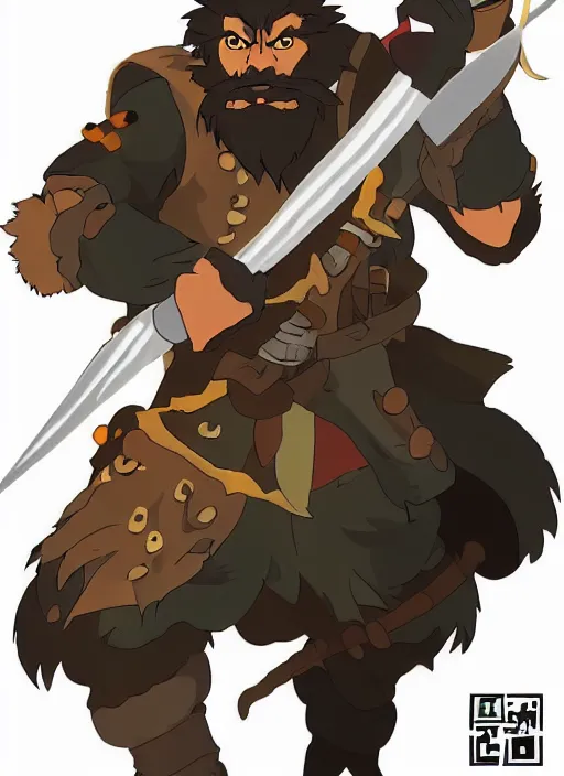 Image similar to bugbear ranger, black beard, dungeons and dragons, hunters gear, flames, character design on white background, by studio ghibli, makoto shinkai