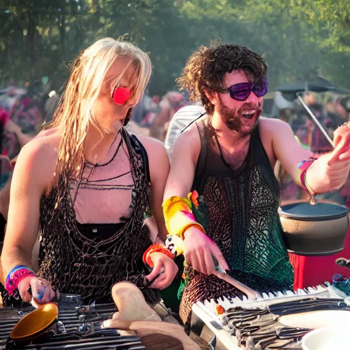 Image similar to scandy and arender, cooking it up, hot hot hot, splash, ahhhhhhh, roomies, bohemian digitals, playing a live gig at ozora festival, huge crowd, ecstatic, photography