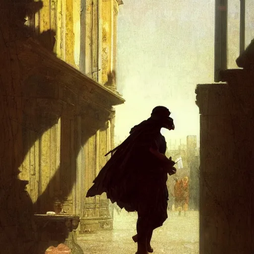 Image similar to half portait of magican wearing a closed cowl with big old book!, jeremy mann, jean leon gerome, tiepolo, alphonse mucha, greg rutkowski, face in the shadows, ( ( ruins of ancient rome ) ), at dusk, mysterious atmosphere, sunrays, dof, masterpiece, high detailed, 8 k