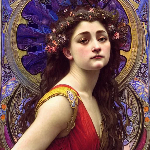 Prompt: detailed portrait art nouveau painting of Anna Cathcart as the goddess of the sun, with anxious, piercing eyes, by Alphonse Mucha, Michael Whelan, William Adolphe Bouguereau, John Williams Waterhouse, and Donato Giancola