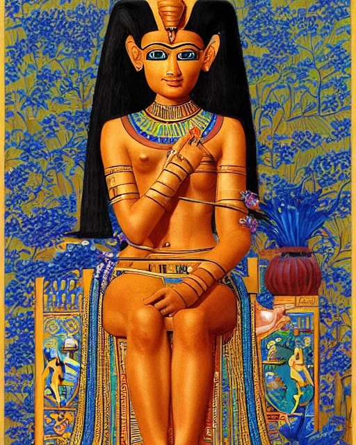 Prompt: a portrait of a beautiful female ancient Egyptian goddess sitting on her throne, surrounded by blue lotus flowers. At her feet lies Anubis. By Victor Nizovtsev