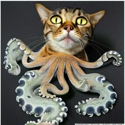 Prompt: a hybrid between a cat and an octopus, real photo, ultra realistic, picture of the day, incredible.