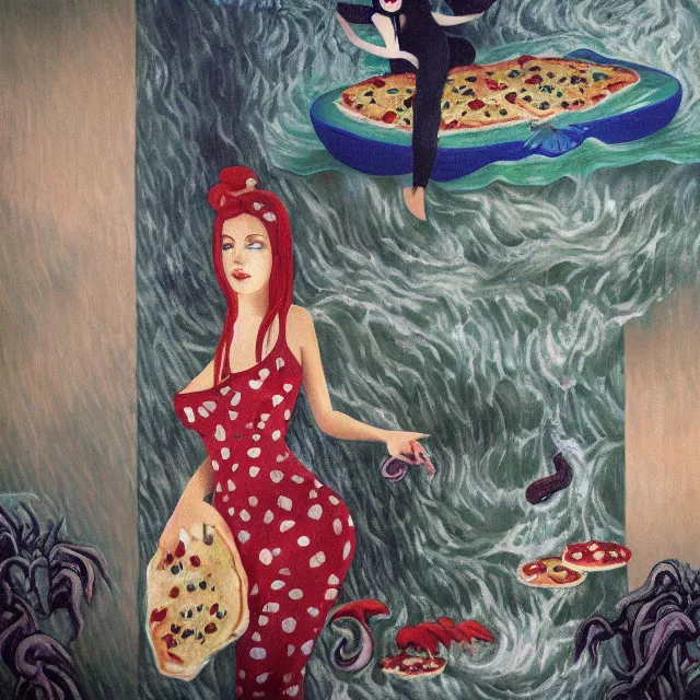 Image similar to tall female catgirl artist holding pizza in her flooded apartment, pomegranates, octopus, water gushing from ceiling, painting of flood waters inside an artist's apartment, a river flooding indoors, mushrooms, ikebana, zen, rapids, waterfall, black swans, canoe, berries, acrylic on canvas, surrealist, by magritte and monet