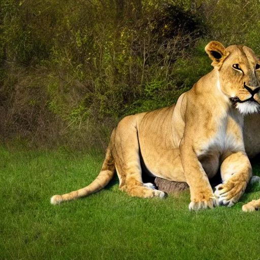 Image similar to award winning panoramic nature photography, a scenic picture of a birthday cake surrounded by lions. balloons are in the background. birthday party setting. extremely detailed lioness. hyperrealistic, 8 k