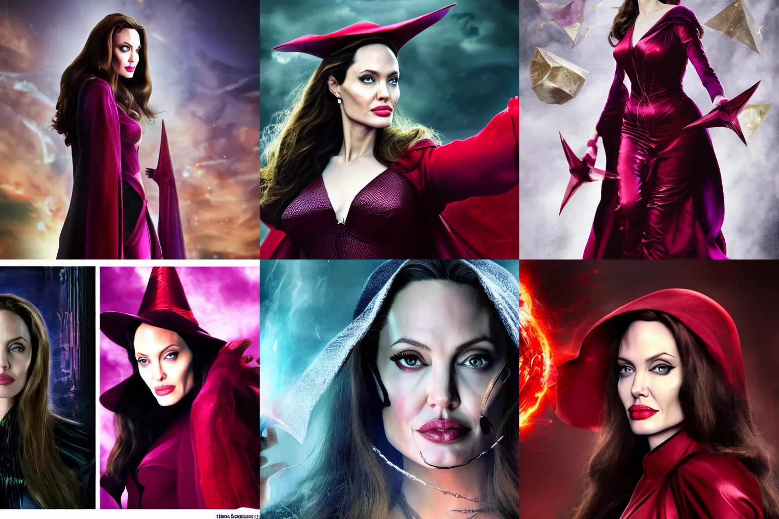 Prompt: Angelina Jolie as Scarlett Witch Scarlett Witch doing chaos magic chaos magic, marvel, photorealistic, 4k, HDR, full body photograph