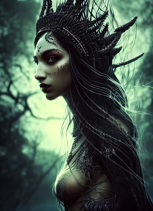 Prompt: a fierce nubile young woman with reflections in her eyes and dark wavy hair, wearing a intricate dark shaman costume, clear skin, elegant, graceful, fashionable, swirling dark energy in background, cinematic, hyperdetailed illustration by irakli nadar and alexandre ferra, intricate linework, depth of field, global illumination,