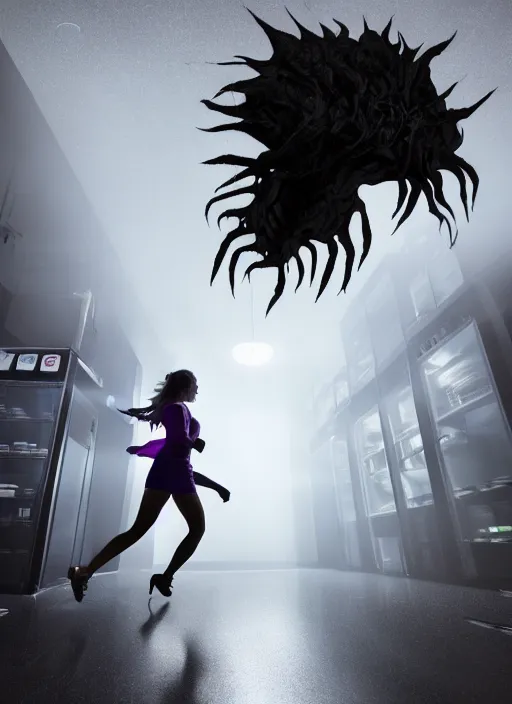 Image similar to a stock photo of a halloween female scientist running from a monster in a lab, wide shot, 2 4 mm lens, cinematic lighting, volumetric fog, iso 8 0 0, shallow depth of field, horror movie, award winning