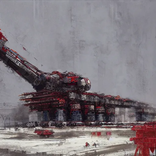 Image similar to construction of a giant soviet mech at the factory by jakub rozalski